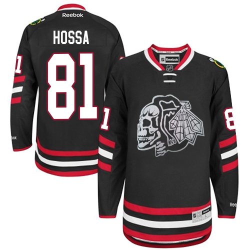 #81 Reebok Premier Marian Hossa Men's Black NHL Jersey - Chicago Blackhawks White Skull 2014 Stadium Series