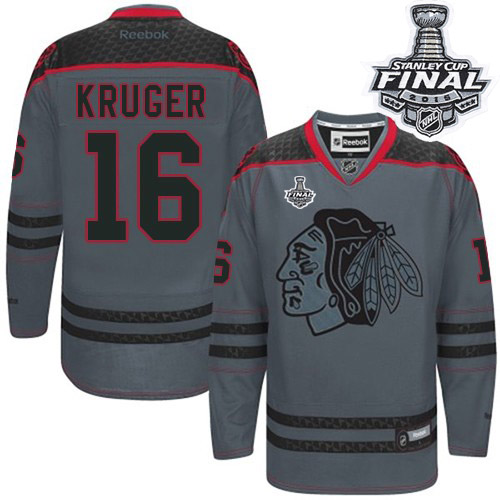#16 Reebok Premier Marcus Kruger Men's Charcoal NHL Jersey - Chicago Blackhawks Cross Check Fashion 2015 Stanley Cup