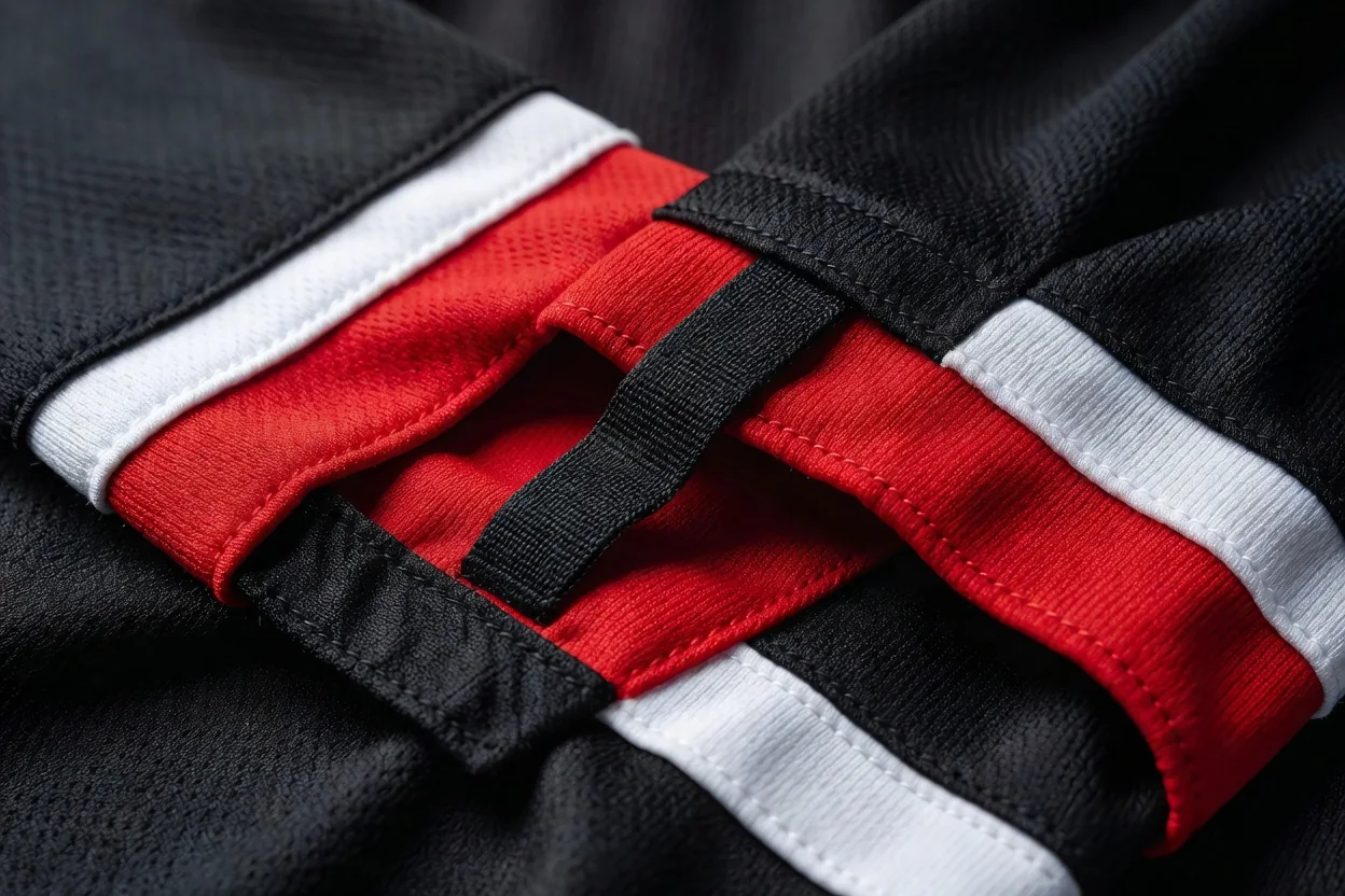 Close-up of hockey jersey sleeve showing stitched stripes and fabric texture