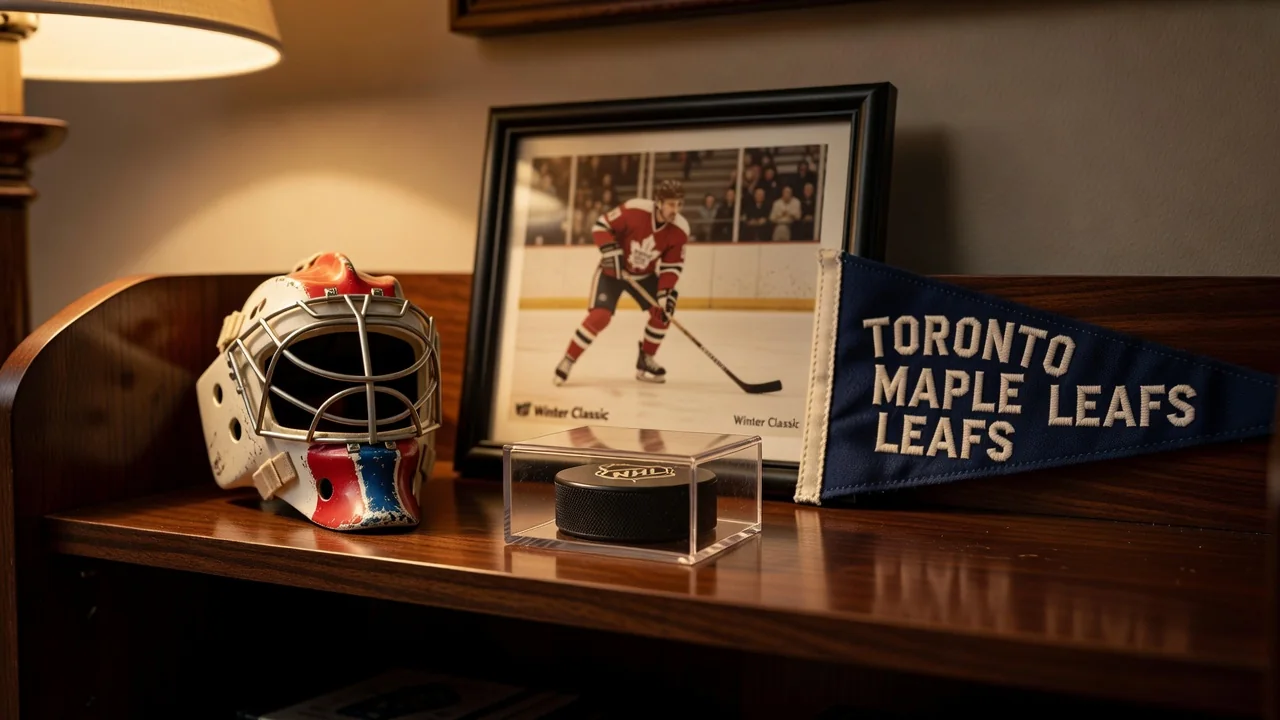 Hockey memorabilia shelf with mini goalie mask, puck in display case and small pennant