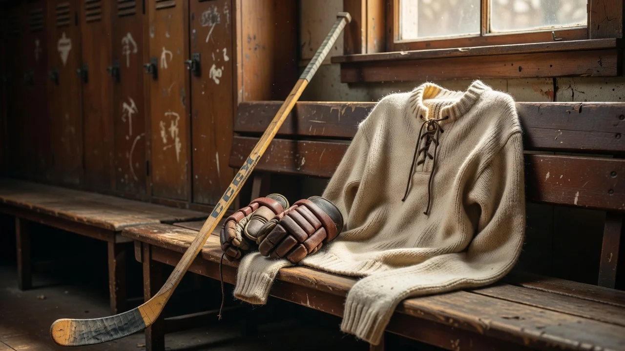 Vintage hockey sweater with lace-up collar, wooden stick and leather gloves on a locker room bench