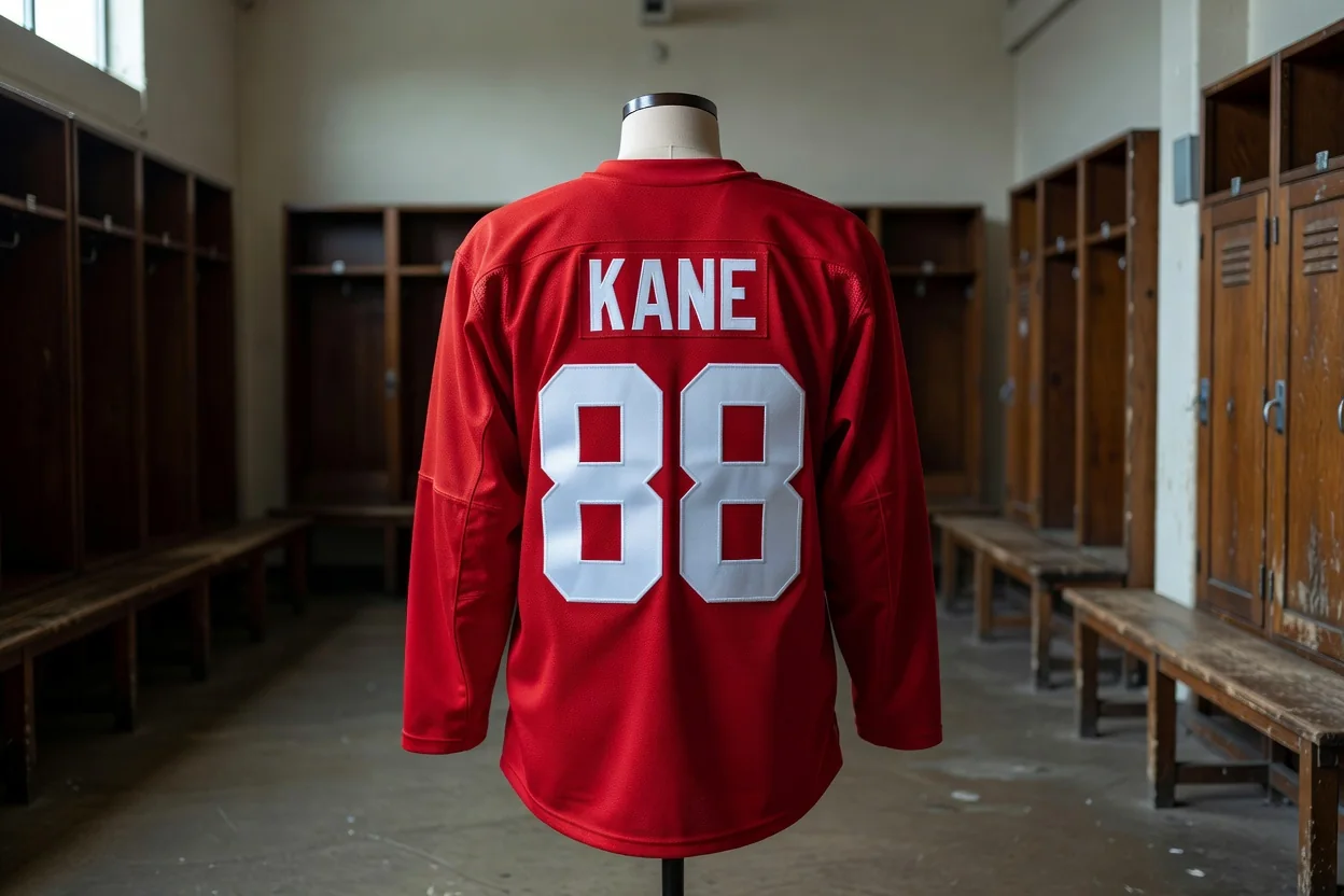 Red hockey jersey on a mannequin showing back nameplate and numbers