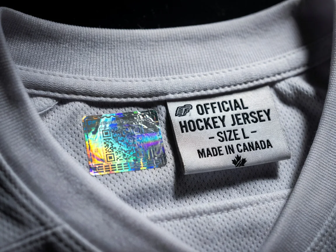 Close-up of hologram authentication sticker and woven neck label inside a hockey jersey collar