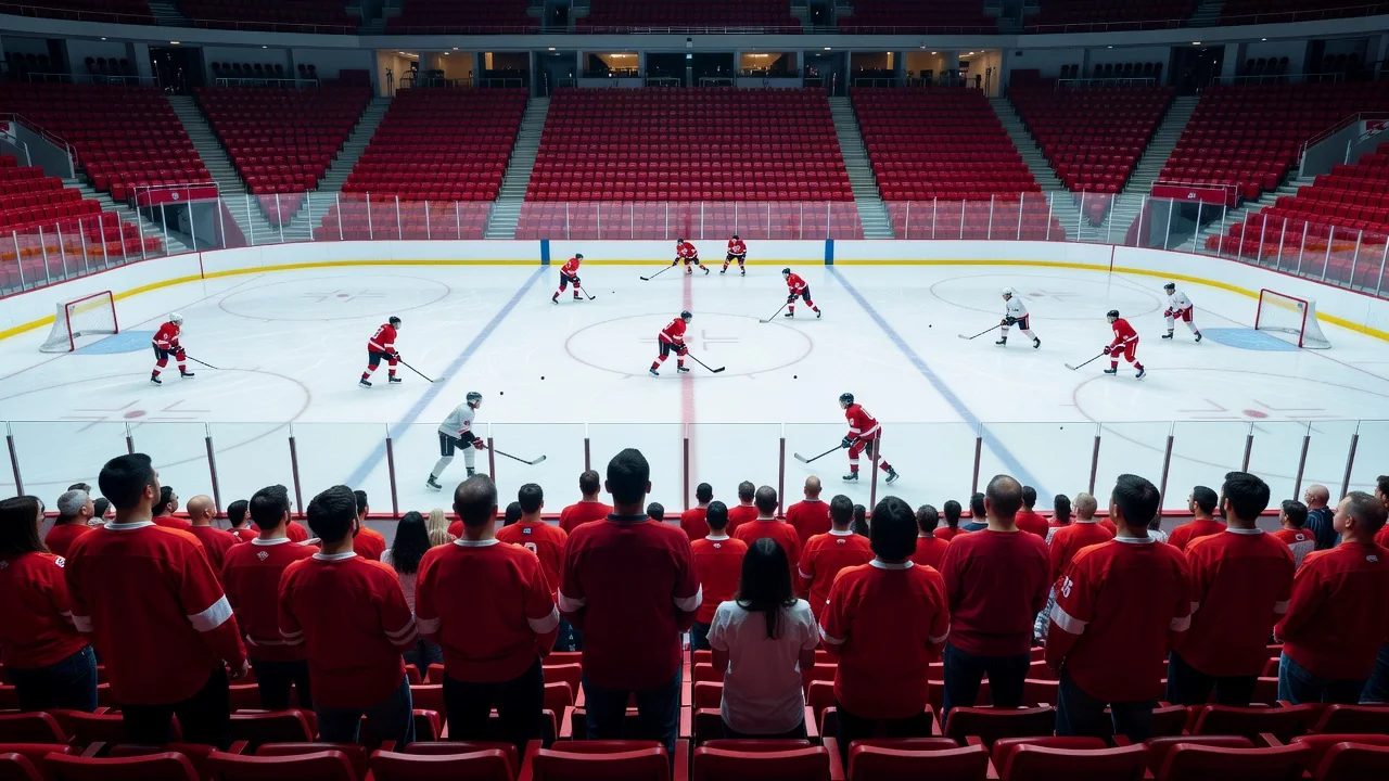 Ice hockey arena interior during warmups with red seats and fans in red jerseys