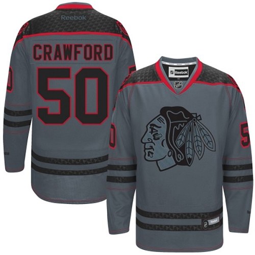 #50 Reebok Premier Corey Crawford Men's Charcoal NHL Jersey - Chicago Blackhawks Cross Check Fashion