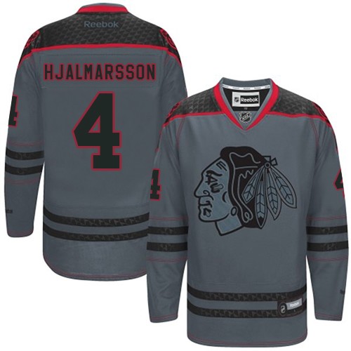 #4 Reebok Premier Niklas Hjalmarsson Men's Charcoal NHL Jersey - Chicago Blackhawks Cross Check Fashion