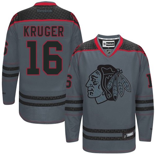 #16 Reebok Premier Marcus Kruger Men's Charcoal NHL Jersey - Chicago Blackhawks Cross Check Fashion