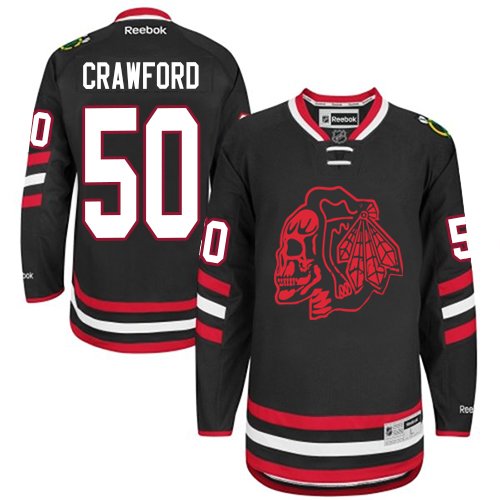 #50 Reebok Premier Corey Crawford Men's Black NHL Jersey - Chicago Blackhawks Red Skull 2014 Stadium Series