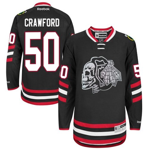 #50 Reebok Premier Corey Crawford Men's Black NHL Jersey - Chicago Blackhawks White Skull 2014 Stadium Series