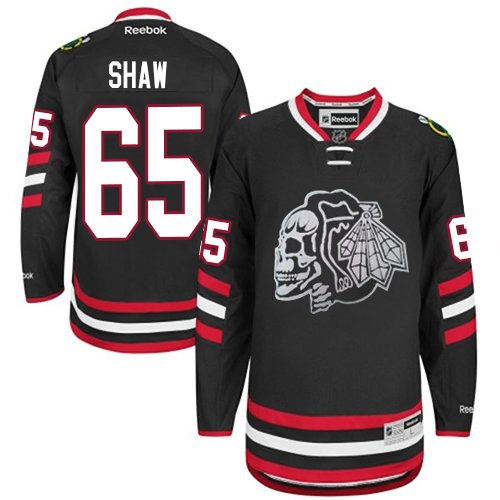 #65 Reebok Premier Andrew Shaw Men's Black NHL Jersey - Chicago Blackhawks White Skull 2014 Stadium Series