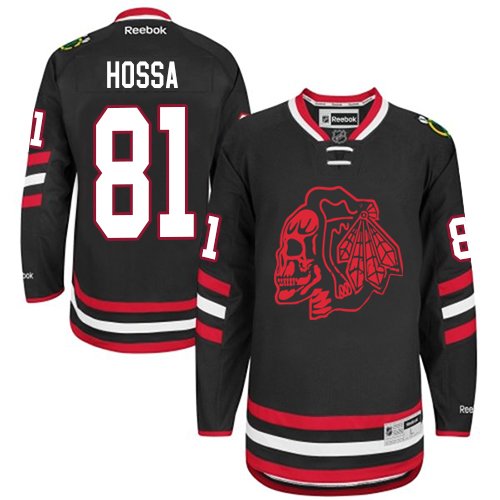 #81 Reebok Premier Marian Hossa Men's Black NHL Jersey - Chicago Blackhawks Red Skull 2014 Stadium Series
