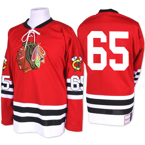 #65 Mitchell and Ness Premier Andrew Shaw Men's Red NHL Jersey - Chicago Blackhawks 1960-61 Throwback