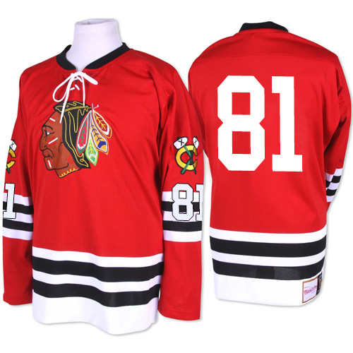 #81 Mitchell and Ness Premier Marian Hossa Men's Red NHL Jersey - Chicago Blackhawks 1960-61 Throwback