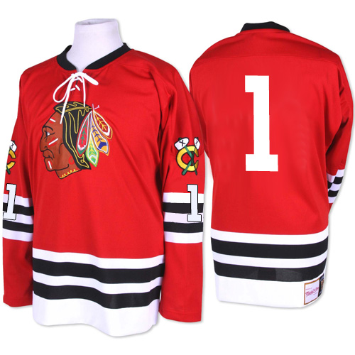 #1 Mitchell and Ness Authentic Glenn Hall Men's Red NHL Jersey - Chicago Blackhawks 1960-61 Throwback
