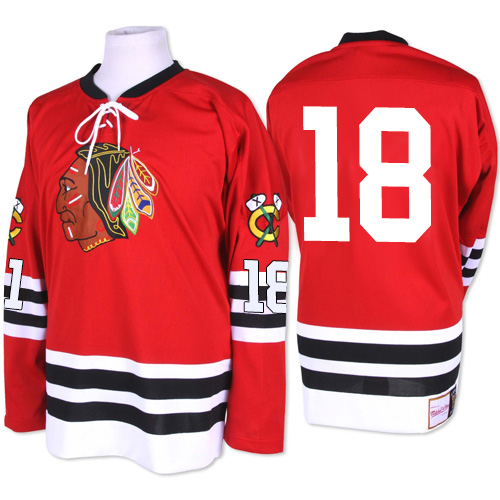 #18 Mitchell and Ness Premier Denis Savard Men's Red NHL Jersey - Chicago Blackhawks 1960-61 Throwback