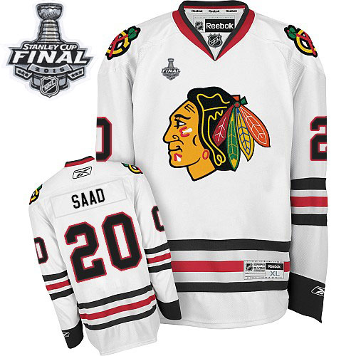 #20 Reebok Premier Brandon Saad Men's White NHL Jersey - Away Chicago Blackhawks 2015 Stanley Cup