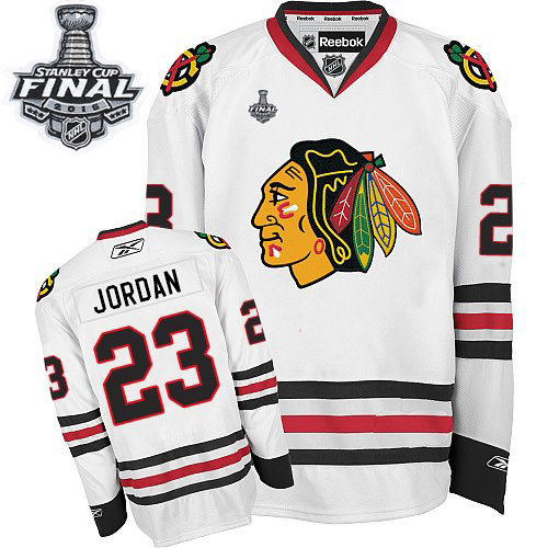 #23 Reebok Authentic Michael Jordan Men's White NHL Jersey - Away Chicago Blackhawks 2015 Stanley Cup