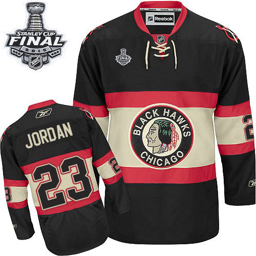 #23 Reebok Authentic Michael Jordan Men's Black NHL Jersey - New Third Chicago Blackhawks 2015 Stanley Cup