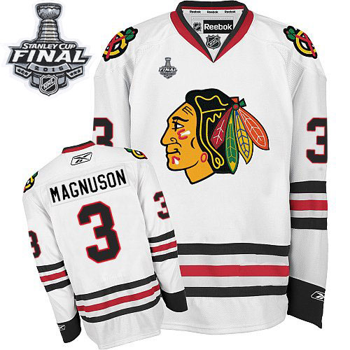 #3 Reebok Premier Keith Magnuson Men's White NHL Jersey - Away Chicago Blackhawks 2015 Stanley Cup