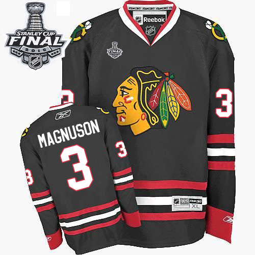 #3 Reebok Premier Keith Magnuson Men's Black NHL Jersey - Third Chicago Blackhawks 2015 Stanley Cup