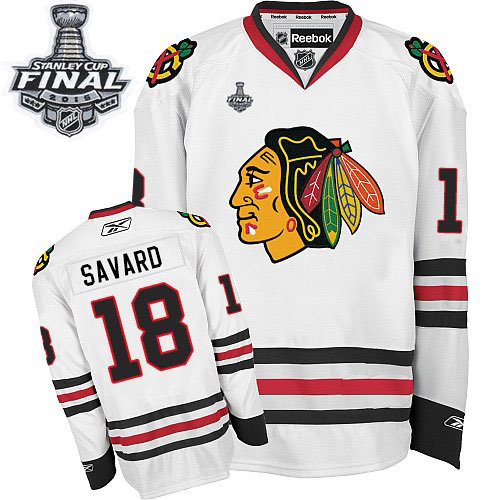 #18 Reebok Premier Denis Savard Men's White NHL Jersey - Away Chicago Blackhawks 2015 Stanley Cup