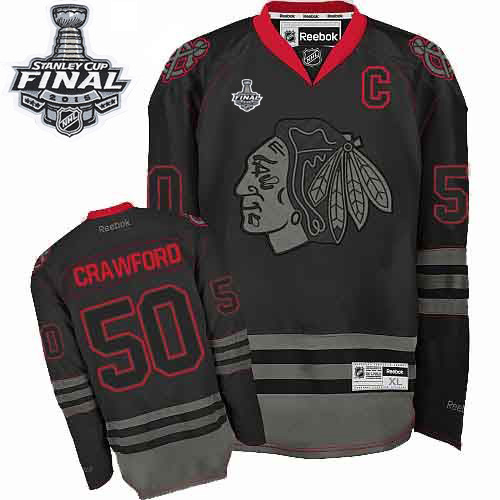 #50 Reebok Premier Corey Crawford Men's Black Ice NHL Jersey - Chicago Blackhawks 2015 Stanley Cup