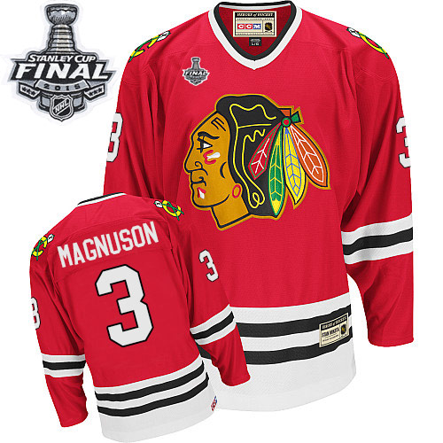 #3 CCM Authentic Keith Magnuson Men's Red NHL Jersey - Chicago Blackhawks 2015 Stanley Cup Throwback