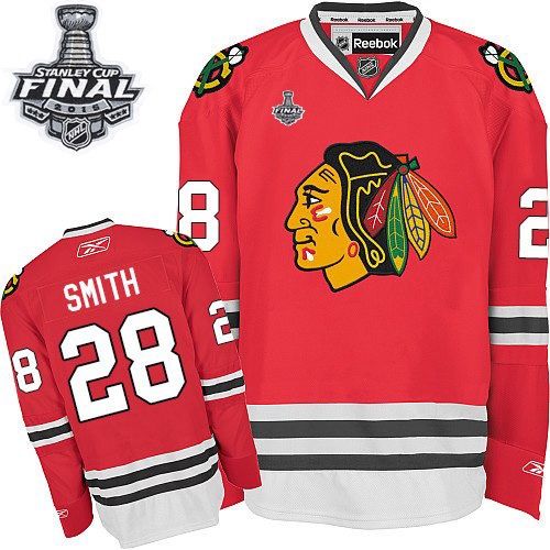 #28 Reebok Premier Ben Smith Men's Red NHL Jersey - Home Chicago Blackhawks 2015 Stanley Cup