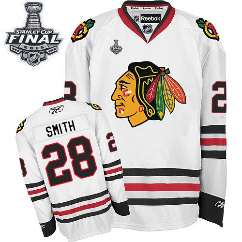 #28 Reebok Authentic Ben Smith Men's White NHL Jersey - Away Chicago Blackhawks 2015 Stanley Cup