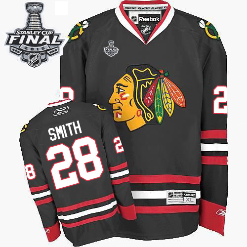 #28 Reebok Premier Ben Smith Men's Black NHL Jersey - Third Chicago Blackhawks 2015 Stanley Cup