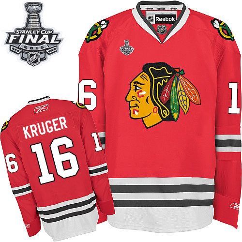 #16 Reebok Premier Marcus Kruger Men's Red NHL Jersey - Home Chicago Blackhawks 2015 Stanley Cup