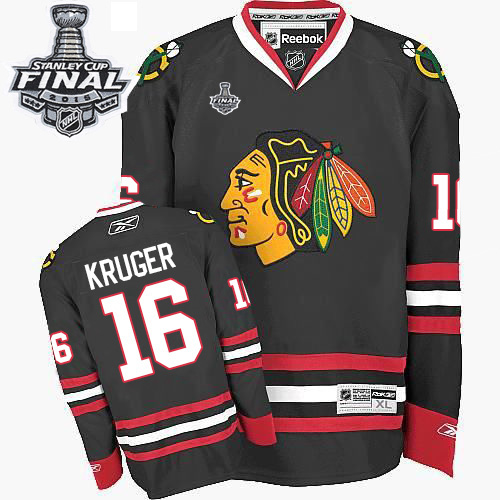 #16 Reebok Premier Marcus Kruger Men's Black NHL Jersey - Third Chicago Blackhawks 2015 Stanley Cup