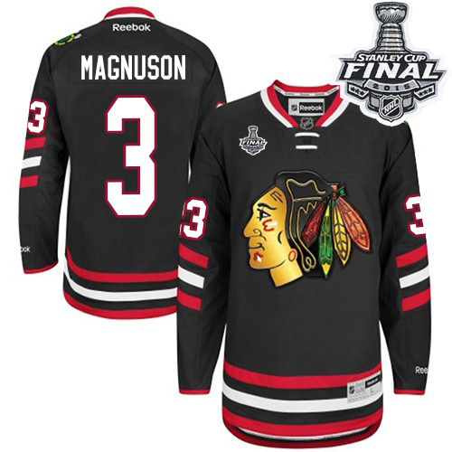 #3 Reebok Authentic Keith Magnuson Men's Black NHL Jersey - Chicago Blackhawks 2014 Stadium Series 2015 Stanley Cup