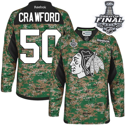 #50 Reebok Premier Corey Crawford Men's Camo NHL Jersey - Chicago Blackhawks Veterans Day Practice 2015 Stanley Cup