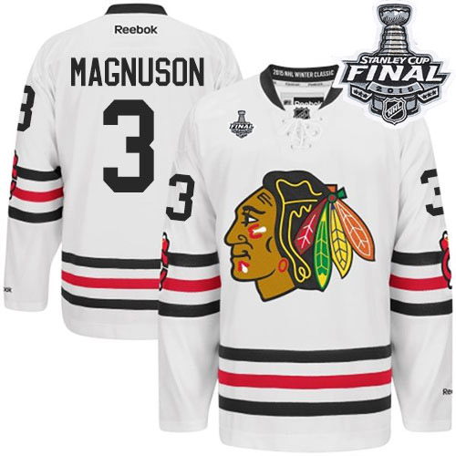 #3 Reebok Premier Keith Magnuson Men's White NHL Jersey - Chicago Blackhawks 2015 Winter Classic 2015 Stanley Cup