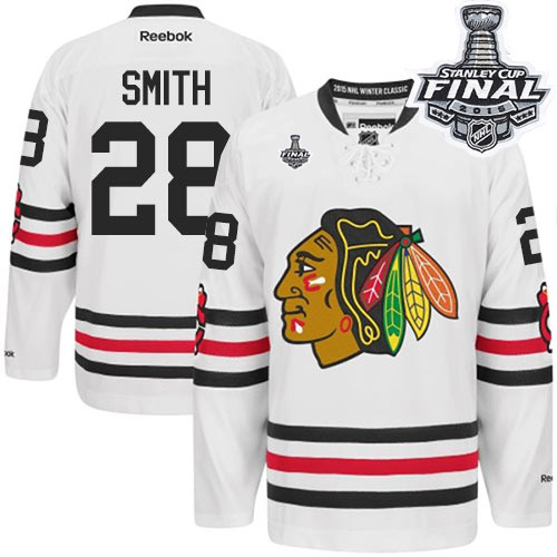 #28 Reebok Premier Ben Smith Men's White NHL Jersey - Chicago Blackhawks 2015 Winter Classic 2015 Stanley Cup