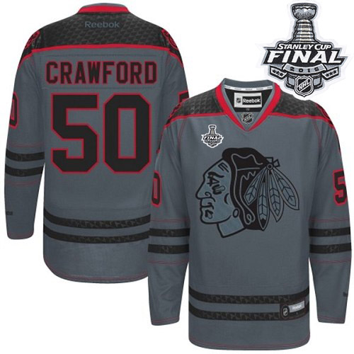 #50 Reebok Premier Corey Crawford Men's Charcoal NHL Jersey - Chicago Blackhawks Cross Check Fashion 2015 Stanley Cup