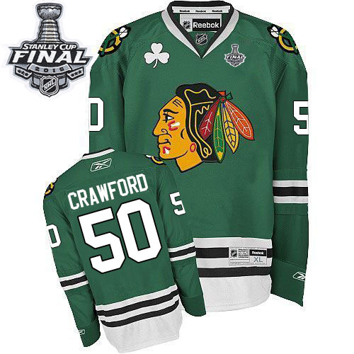 #50 Reebok Premier Corey Crawford Men's Green NHL Jersey - Chicago Blackhawks 2015 Stanley Cup