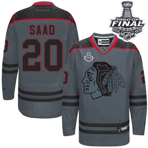 #20 Reebok Premier Brandon Saad Men's Charcoal NHL Jersey - Chicago Blackhawks Cross Check Fashion 2015 Stanley Cup