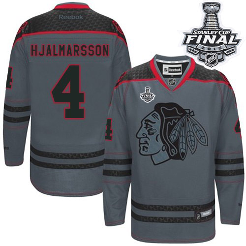 #4 Reebok Premier Niklas Hjalmarsson Men's Charcoal NHL Jersey - Chicago Blackhawks Cross Check Fashion 2015 Stanley Cup