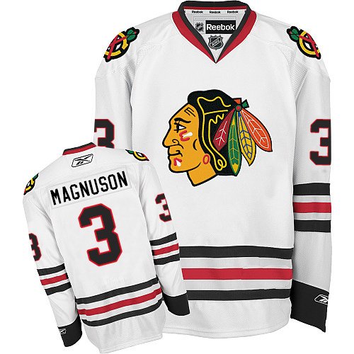 #3 Reebok Premier Keith Magnuson Men's White NHL Jersey - Away Chicago Blackhawks