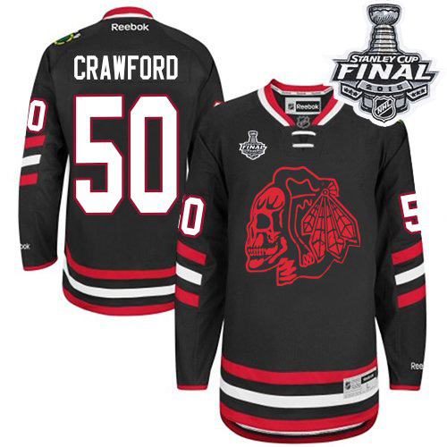 #50 Reebok Premier Corey Crawford Men's Black NHL Jersey - Chicago Blackhawks Red Skull 2014 Stadium Series 2015 Stanley Cup