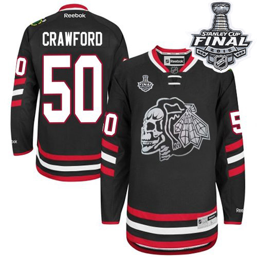#50 Reebok Premier Corey Crawford Men's Black NHL Jersey - Chicago Blackhawks White Skull 2014 Stadium Series 2015 Stanley Cup