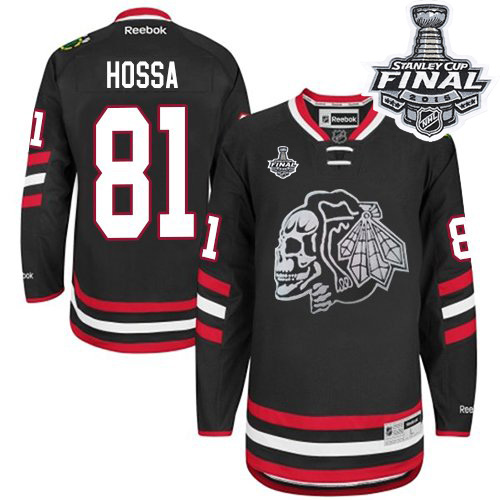 #81 Reebok Premier Marian Hossa Men's Black NHL Jersey - Chicago Blackhawks White Skull 2014 Stadium Series 2015 Stanley Cup