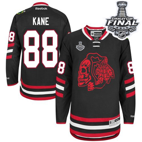 #88 Reebok Premier Patrick Kane Men's Black NHL Jersey - Chicago Blackhawks Red Skull 2014 Stadium Series 2015 Stanley Cup