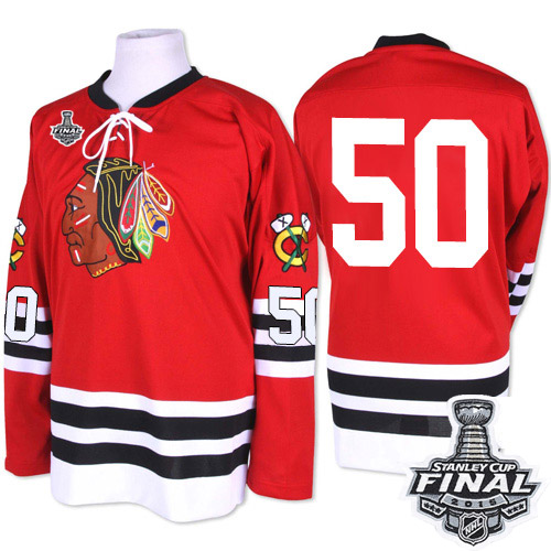 #50 Mitchell and Ness Premier Corey Crawford Men's Red NHL Jersey - Chicago Blackhawks 2015 Stanley Cup 1960-61 Throwback