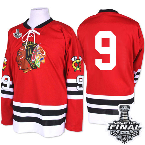 #9 Mitchell and Ness Premier Bobby Hull Men's Red NHL Jersey - Chicago Blackhawks 2015 Stanley Cup 1960-61 Throwback