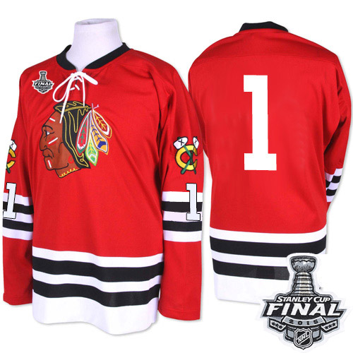#1 Mitchell and Ness Premier Glenn Hall Men's Red NHL Jersey - Chicago Blackhawks 2015 Stanley Cup 1960-61 Throwback