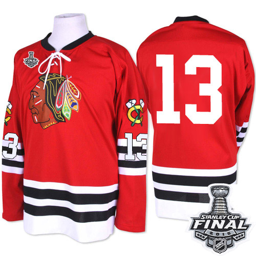 #13 Mitchell and Ness Authentic Daniel Carcillo Men's Red NHL Jersey - Chicago Blackhawks 2015 Stanley Cup 1960-61 Throwback