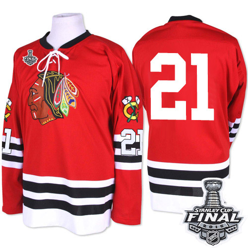#21 Mitchell and Ness Premier Stan Mikita Men's Red NHL Jersey - Chicago Blackhawks 2015 Stanley Cup 1960-61 Throwback